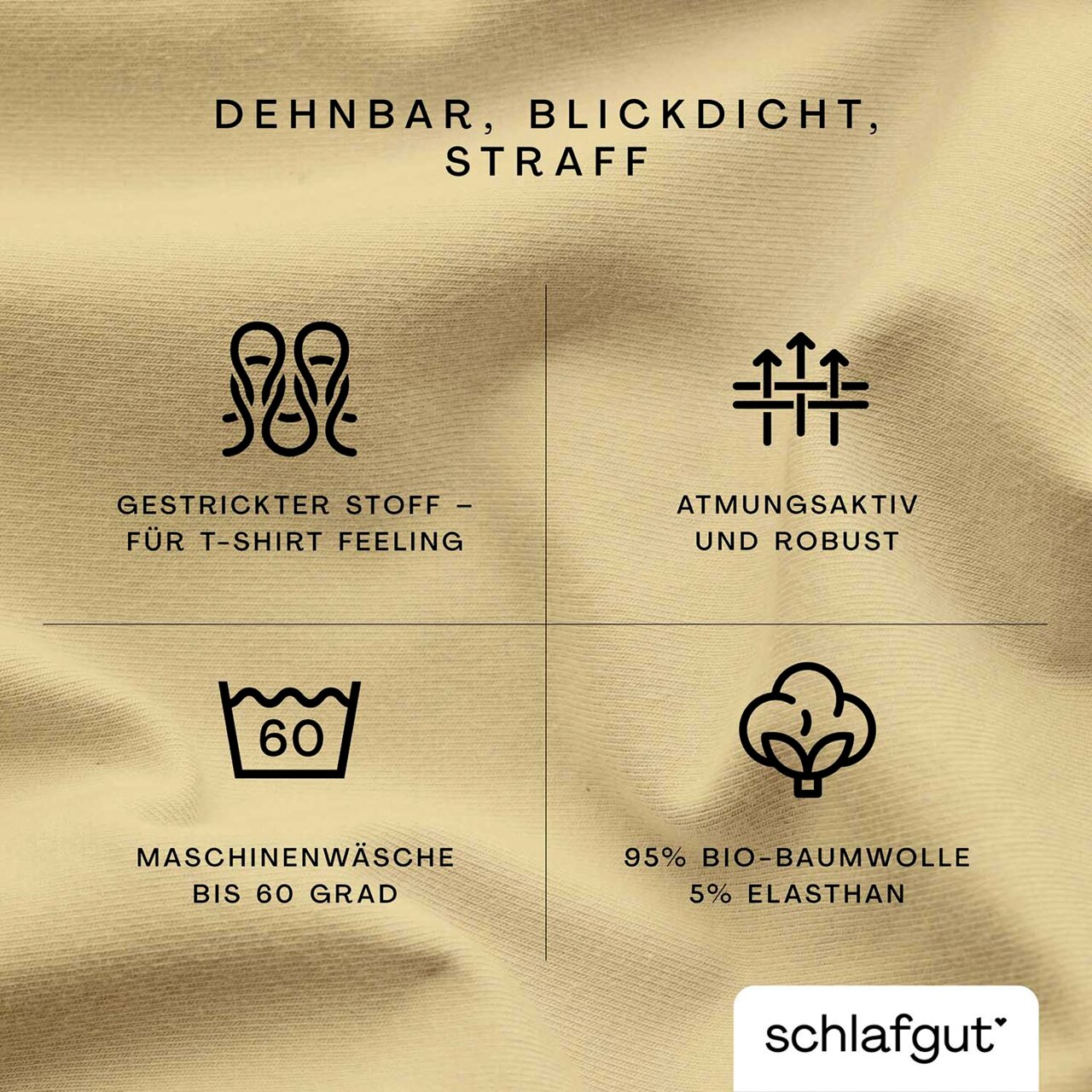 Spannbettlaken aus gestricktem Stoff mit T-Shirt Feeling, atmungsaktiv und robust, maschinenwaschbar bis 60 Grad, bestehend aus 95% Bio-Baumwolle und 5% Elasthan, in Nahaufnahme.