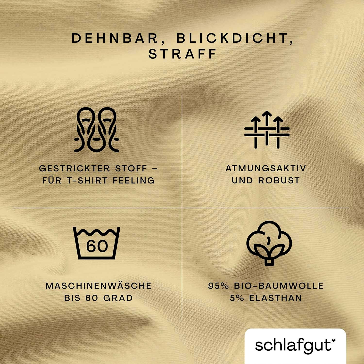 Hoeslaken van gebreide stof met een T-shirtgevoel, ademend en stevig, machinewasbaar tot 60 graden, gemaakt van 95% biologisch katoen en 5% elastaan, in close-up.