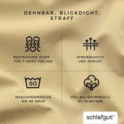 Hoeslaken van gebreide stof met een T-shirtgevoel, ademend en stevig, machinewasbaar tot 60 graden, gemaakt van 95% biologisch katoen en 5% elastaan, in close-up.