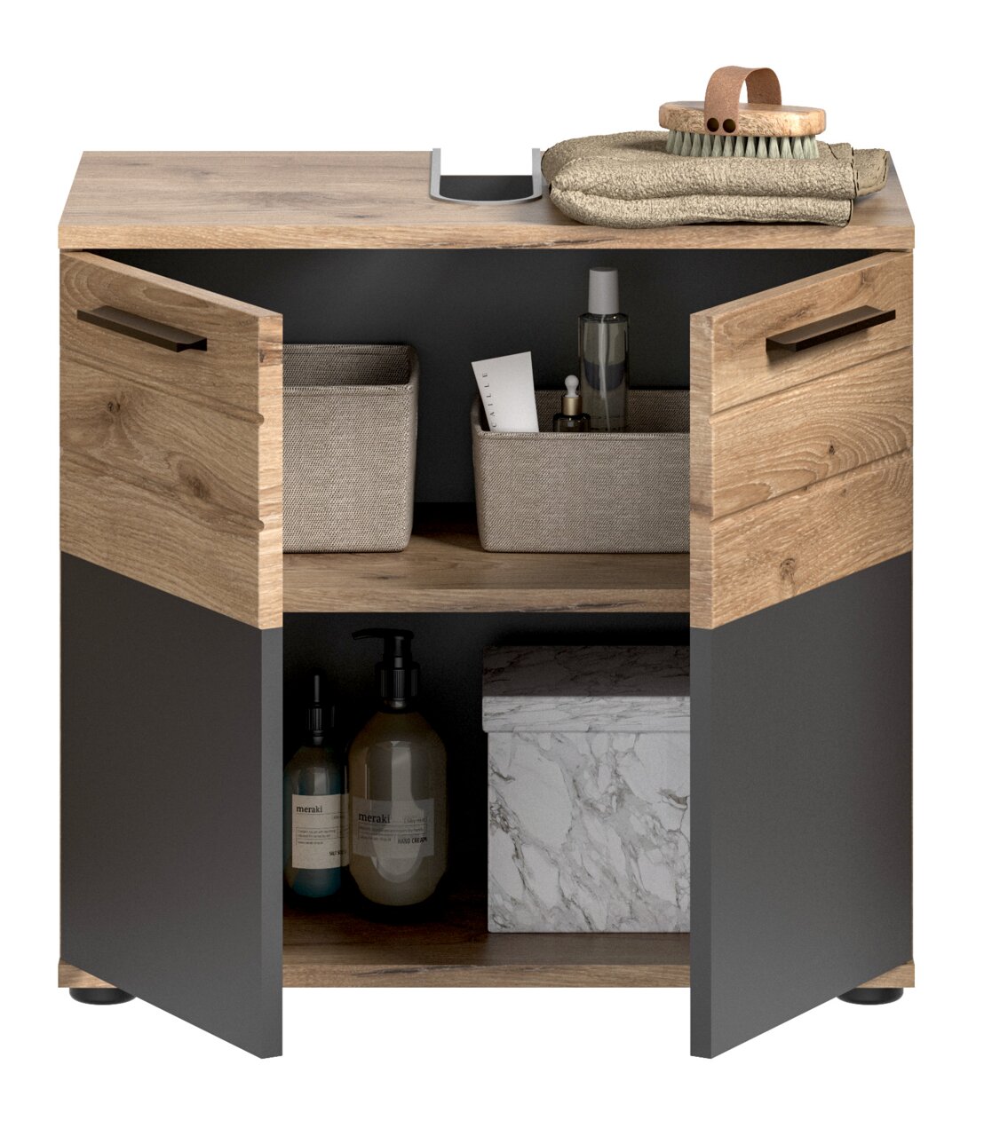 Moderner Waschtisch mit Holz- und Grautönen, offene Türen, gefüllt mit Pflegeprodukten und Körben, Frontalansicht.