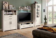 Wohnzimmermöbel-Set in heller Holzoptik mit Highboard, Lowboard und Vitrine, dekoriert mit Pflanzen und Bildern, seitliche Perspektive.