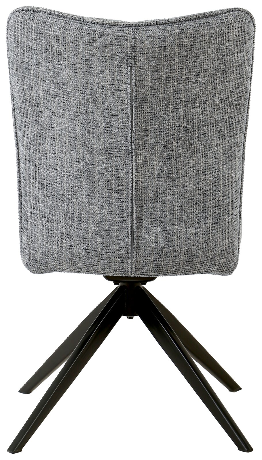 Achterkant van een moderne stoel met grijze stoffen bekleding en een zwart metalen frame.