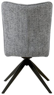 Achterkant van een moderne stoel met grijze stoffen bekleding en een zwart metalen frame.