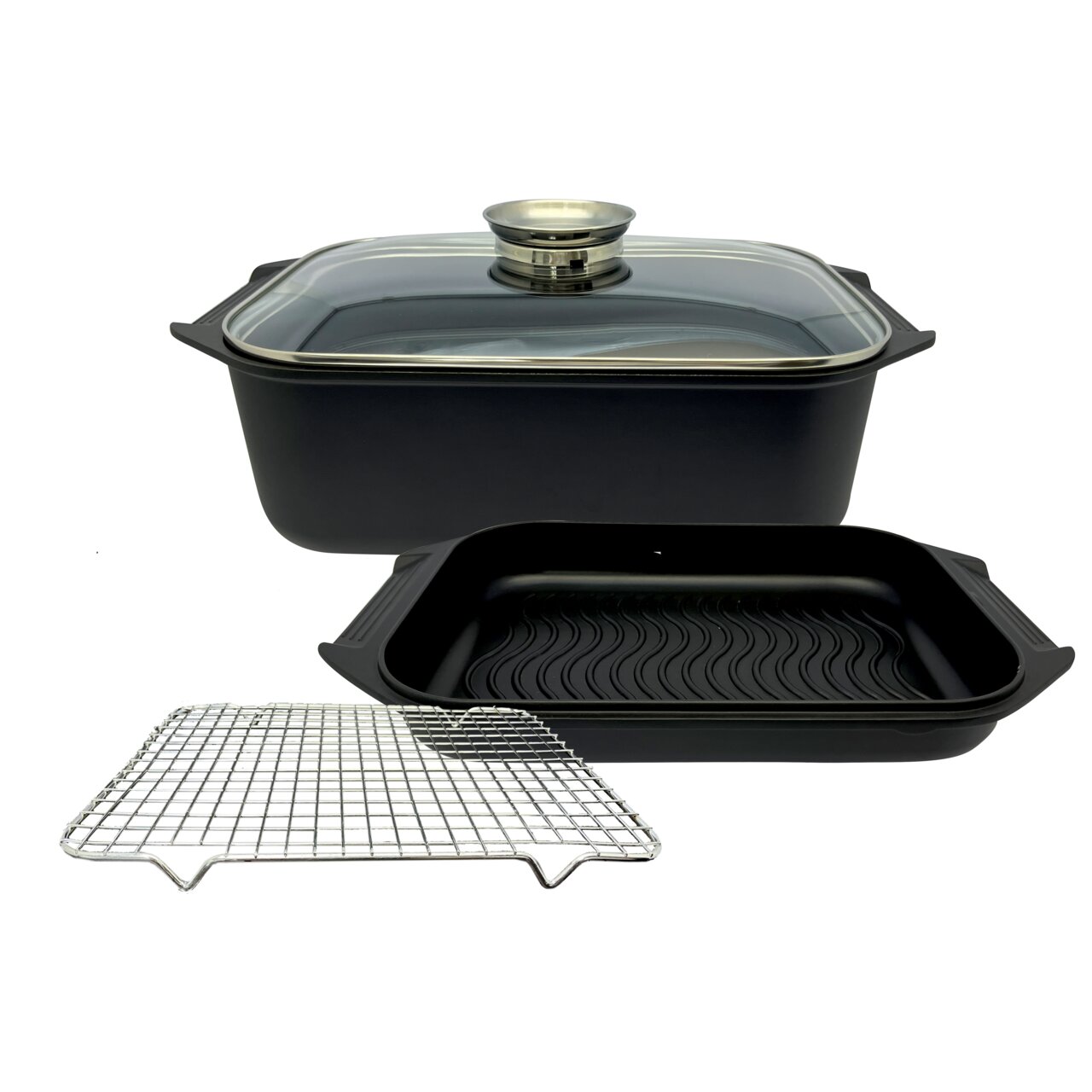 Schwarzer Bräter mit Glasdeckel, Grillpfanne und Gittereinsatz, seitliche Perspektive