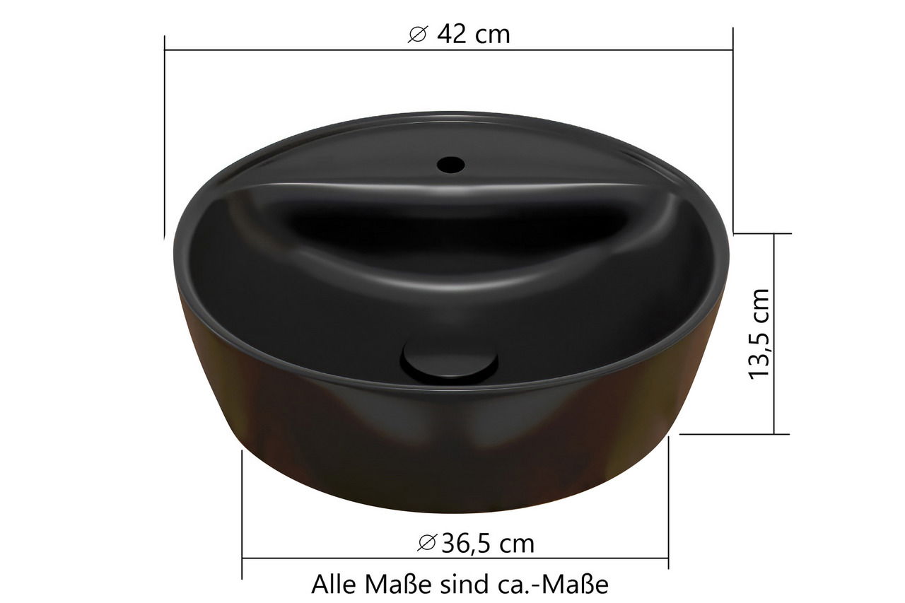 Schwarzes, rundes Waschbecken mit einem Durchmesser von 42 cm und einer Höhe von 13,5 cm, von oben betrachtet.