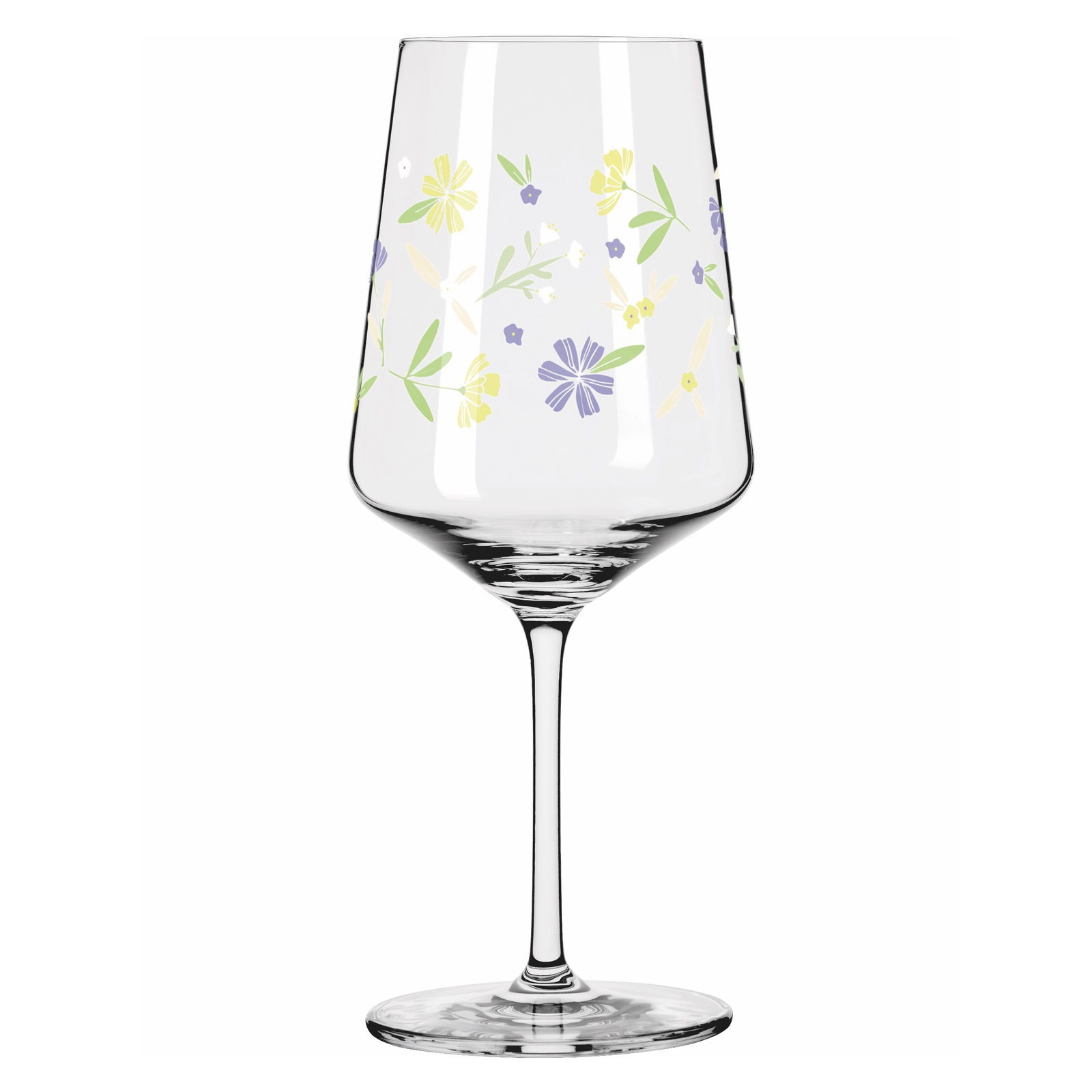 Weinglas mit floralem Muster in Gelb und Lila, seitliche Perspektive