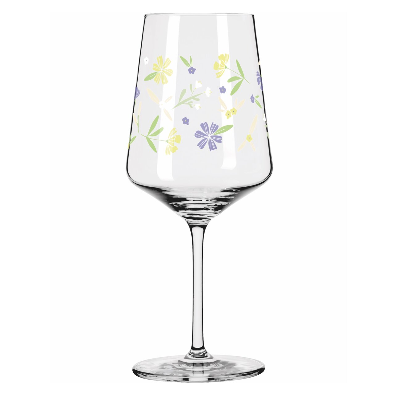 Wijnglas met bloemmotief in geel en paars, zijaanzicht