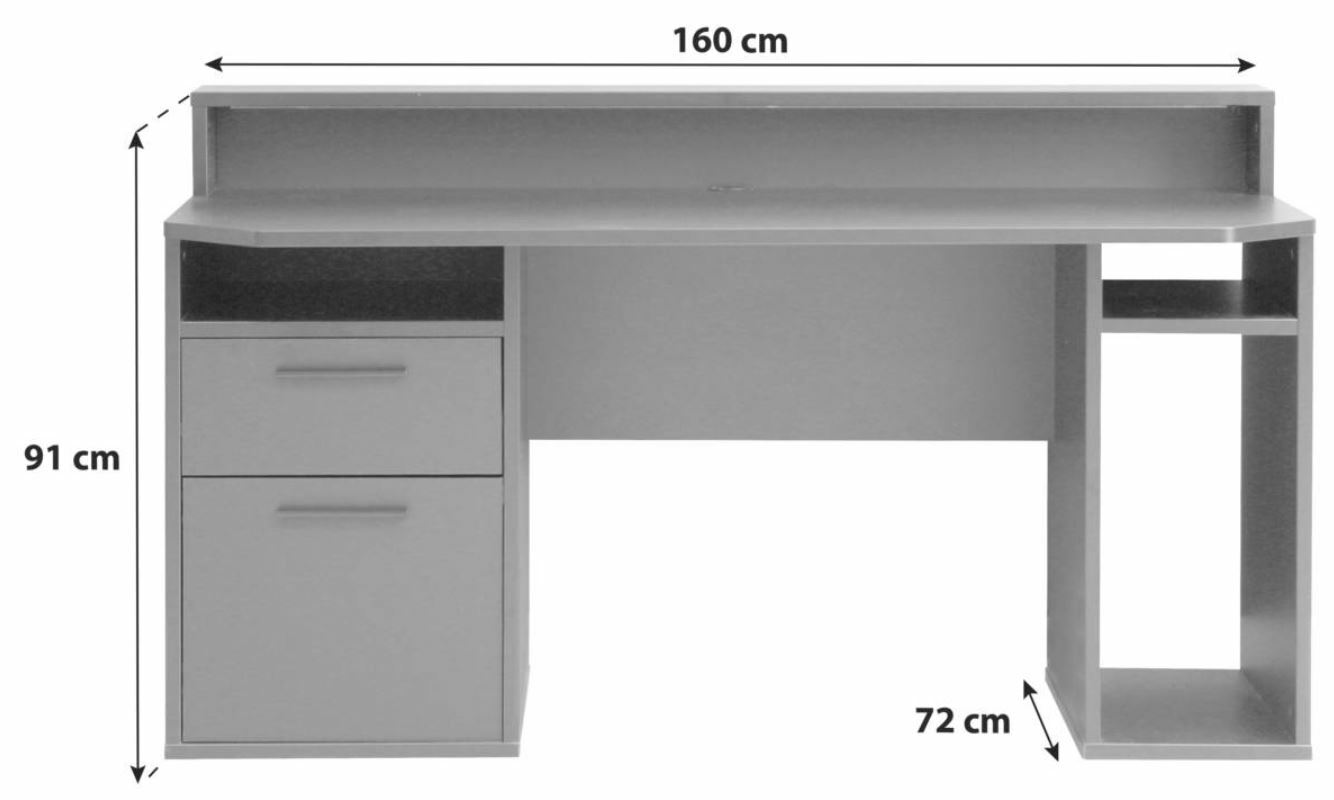 Moderner Schreibtisch mit zwei Schubladen und einem offenen Regal, Frontansicht, Maße: 160 cm Breite, 91 cm Höhe, 72 cm Tiefe.