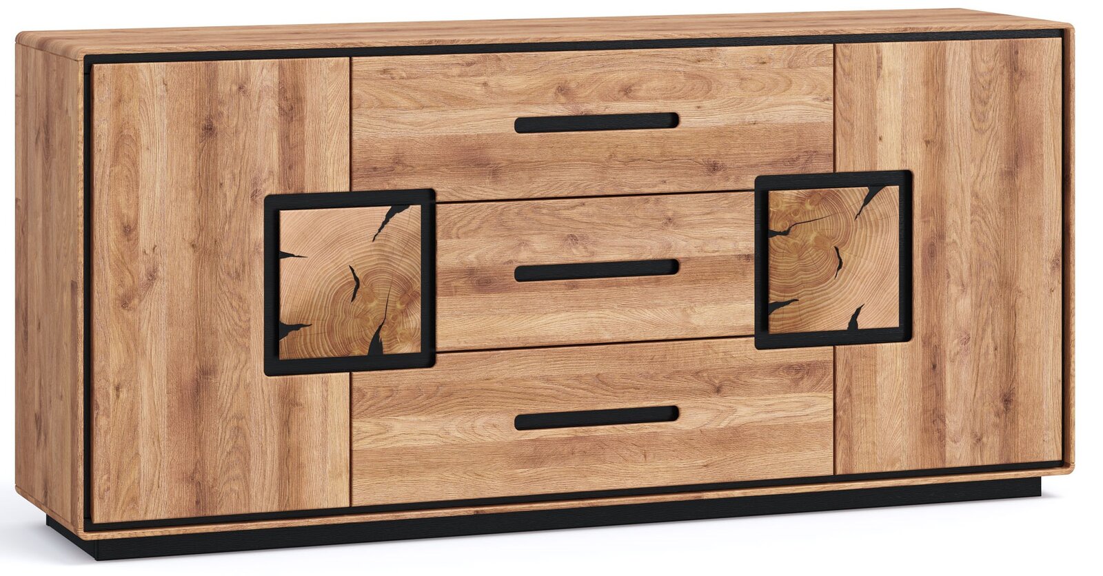 Landscape Sideboard II BRIXEN Frontansicht einer modernen Holz-Kommode/Sideboard in Eiche-Optik mit drei mittigen Schubladen, zwei seitlichen Türen, schwarzen Griffleisten und dekorativen quadratischen Akzenten in Schwarz