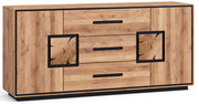 Frontansicht einer modernen Holz-Kommode/Sideboard in Eiche-Optik mit drei mittigen Schubladen, zwei seitlichen Türen, schwarzen Griffleisten und dekorativen quadratischen Akzenten in Schwarz