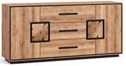 Frontansicht einer modernen Holz-Kommode/Sideboard in Eiche-Optik mit drei mittigen Schubladen, zwei seitlichen Türen, schwarzen Griffleisten und dekorativen quadratischen Akzenten in Schwarz