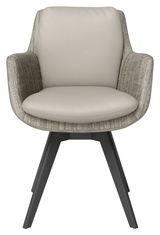 Frontansicht eines modernen Armlehnstuhls mit beigem Sitzpolster und gemusterten Armlehnen, auf schwarzen Holzbeinen.