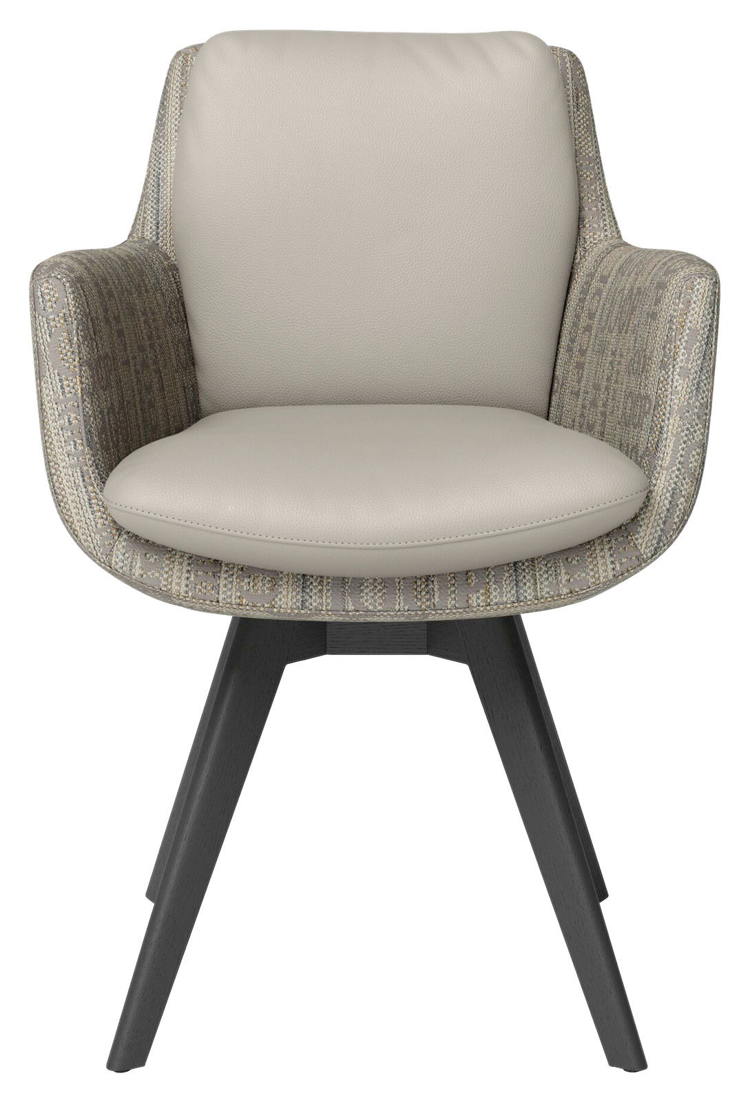 Frontansicht eines modernen Armlehnstuhls mit beigem Sitzpolster und gemusterten Armlehnen, auf schwarzen Holzbeinen.