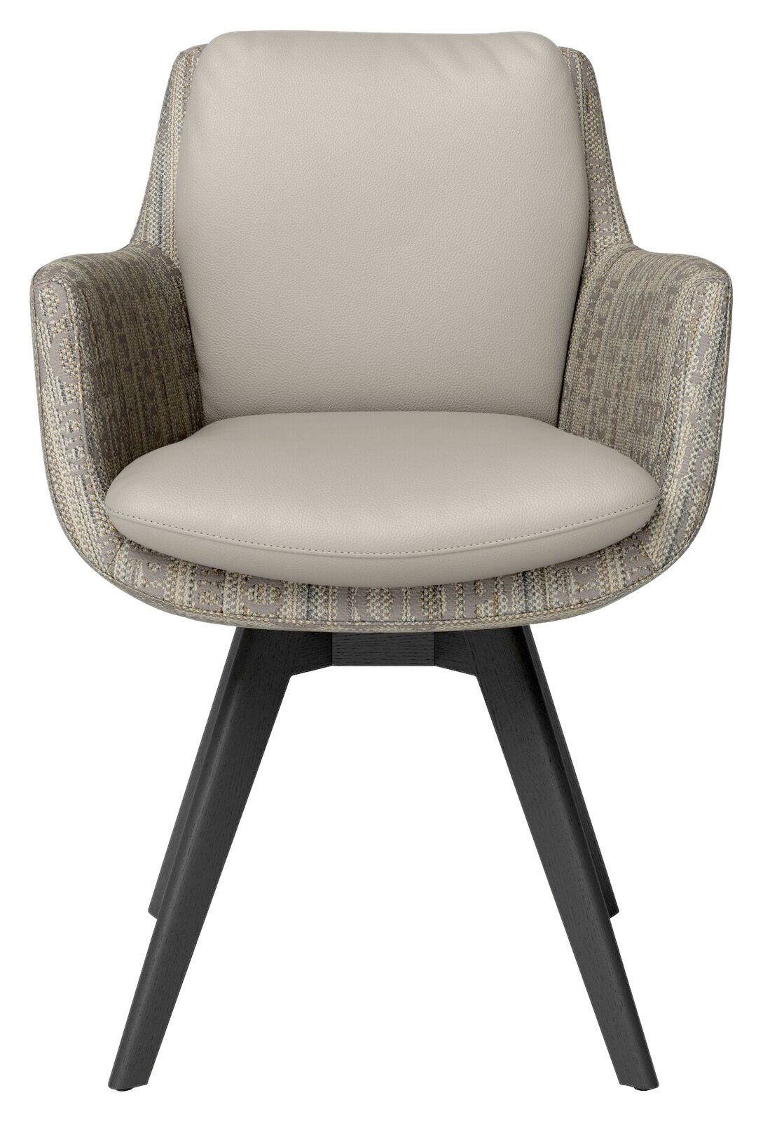 Frontansicht eines modernen Armlehnstuhls mit beigem Sitzpolster und gemusterten Armlehnen, auf schwarzen Holzbeinen.