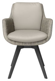 Frontansicht eines modernen Armlehnstuhls mit beigem Sitzpolster und gemusterten Armlehnen, auf schwarzen Holzbeinen.