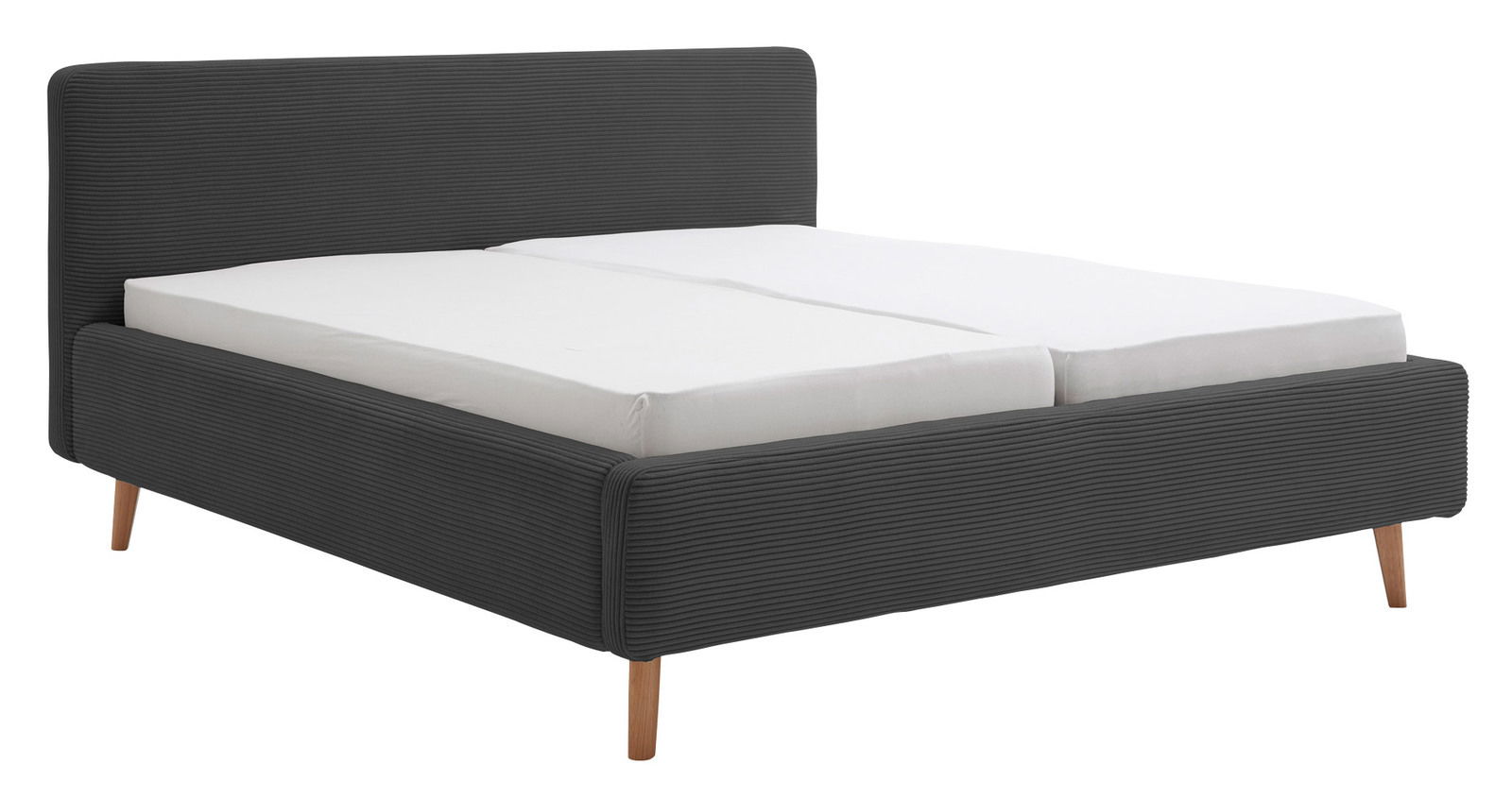XORA Polsterbettgestell MATTIS Polsterbettgestell in dunklem Stoff mit Holzfüßen, seitliche Perspektive
