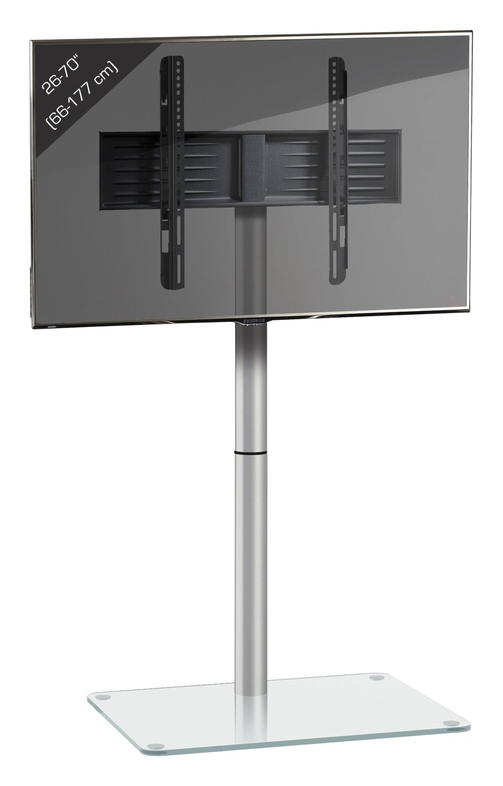 TV-Standfuß mit Glasboden und Metallstütze, rückseitige Monitorhalterung für 26–70 Zoll (66–177 cm), Ansicht von hinten