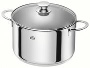 Edelstahlkochtopf mit Glasdeckel und zwei Griffen, seitliche Perspektive