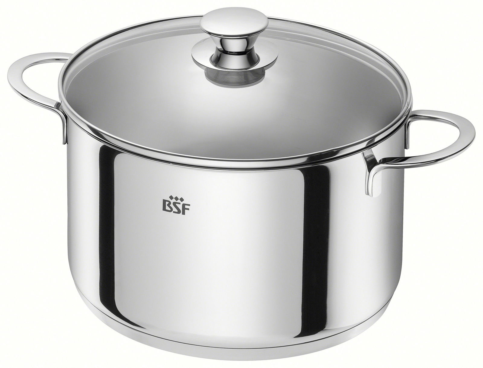 Edelstahlkochtopf mit Glasdeckel und zwei Griffen, seitliche Perspektive