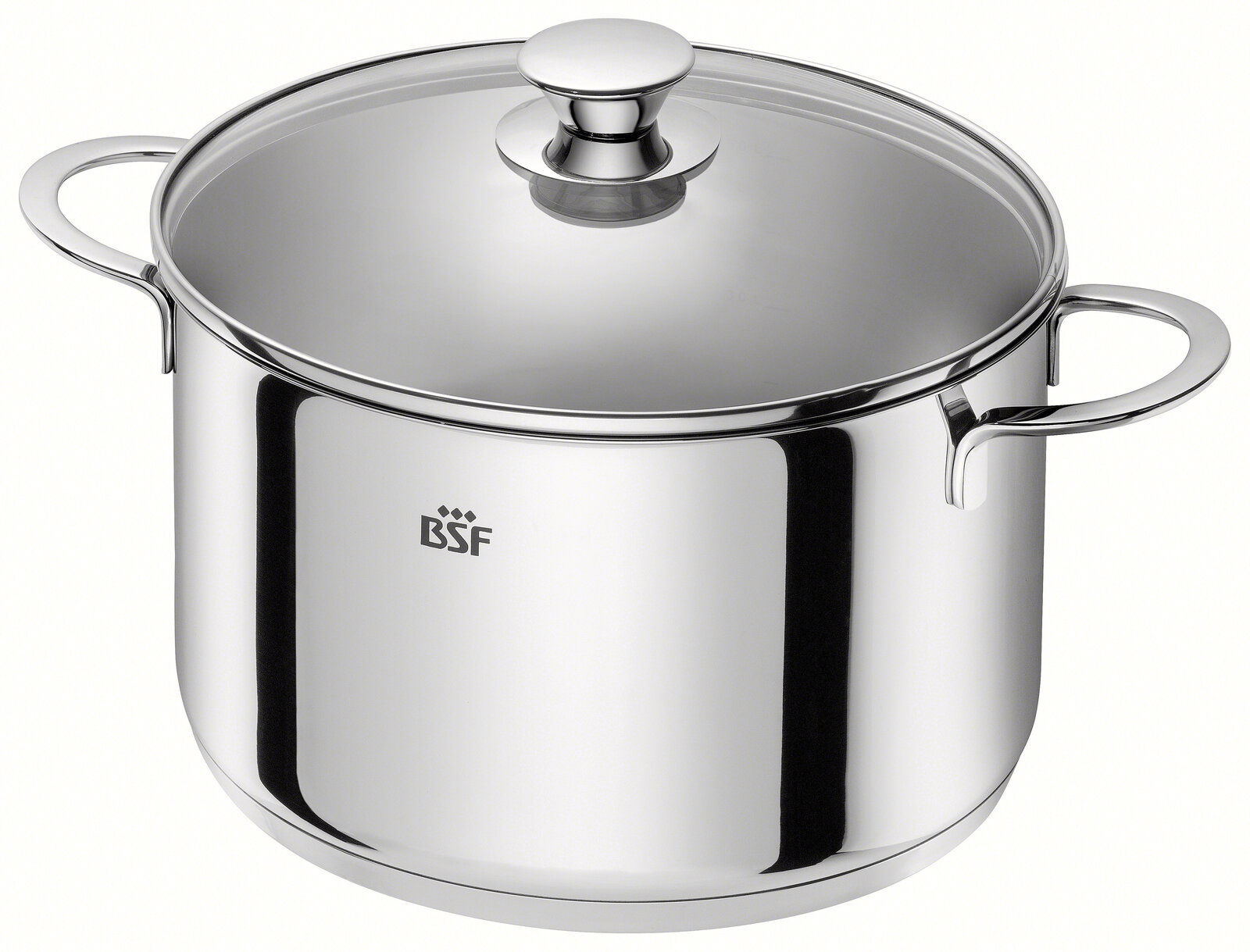 Edelstahlkochtopf mit Glasdeckel und zwei Griffen, seitliche Perspektive