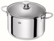 Edelstahlkochtopf mit Glasdeckel und zwei Griffen, seitliche Perspektive