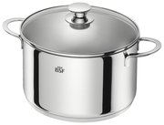 Edelstahlkochtopf mit Glasdeckel und zwei Griffen, seitliche Perspektive