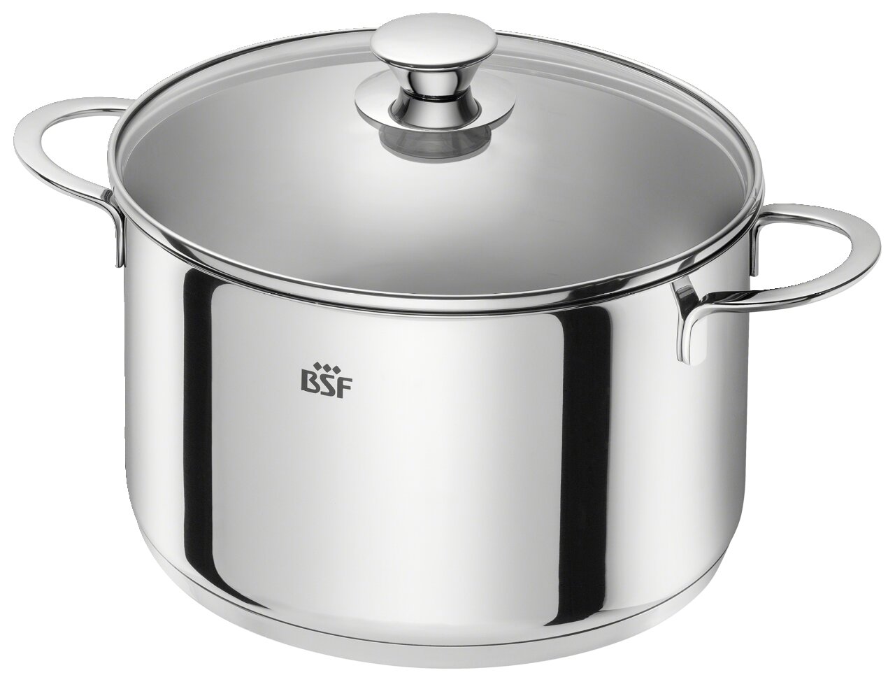 Edelstahlkochtopf mit Glasdeckel und zwei Griffen, seitliche Perspektive