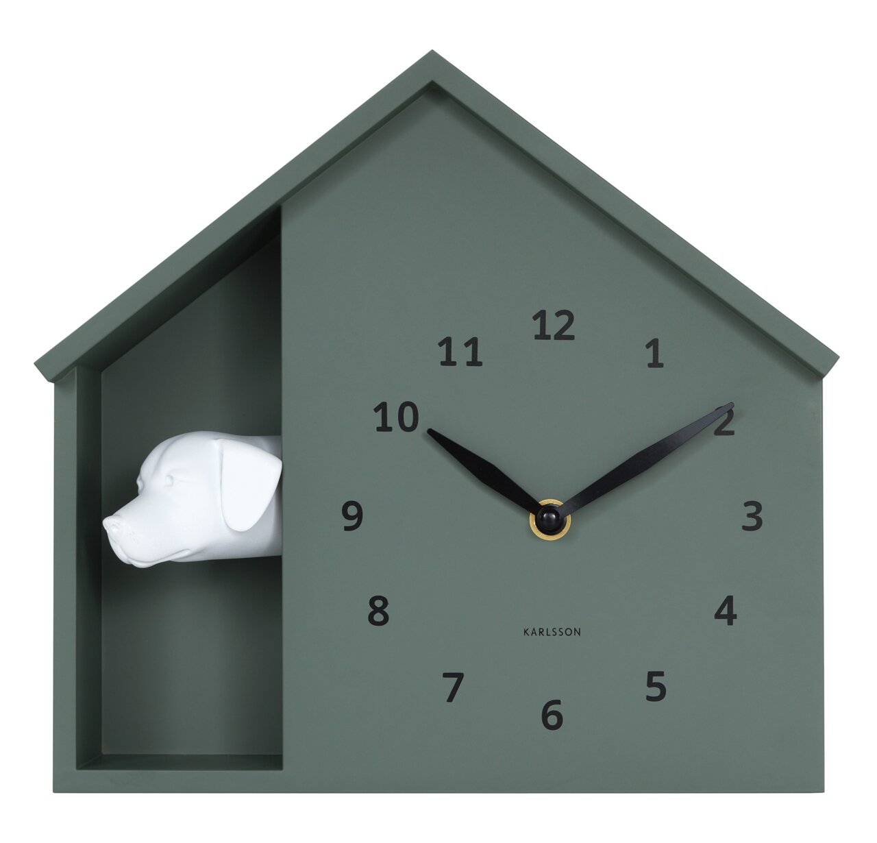 Grüne Wanduhr in Form eines Hauses mit schwarzem Zifferblatt und einem weißen Hundekopf auf der linken Seite, Frontalansicht