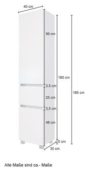 Hochschrank in Weiß mit den Maßen 185 cm Höhe, 40 cm Breite und 35 cm Tiefe, seitliche Perspektive