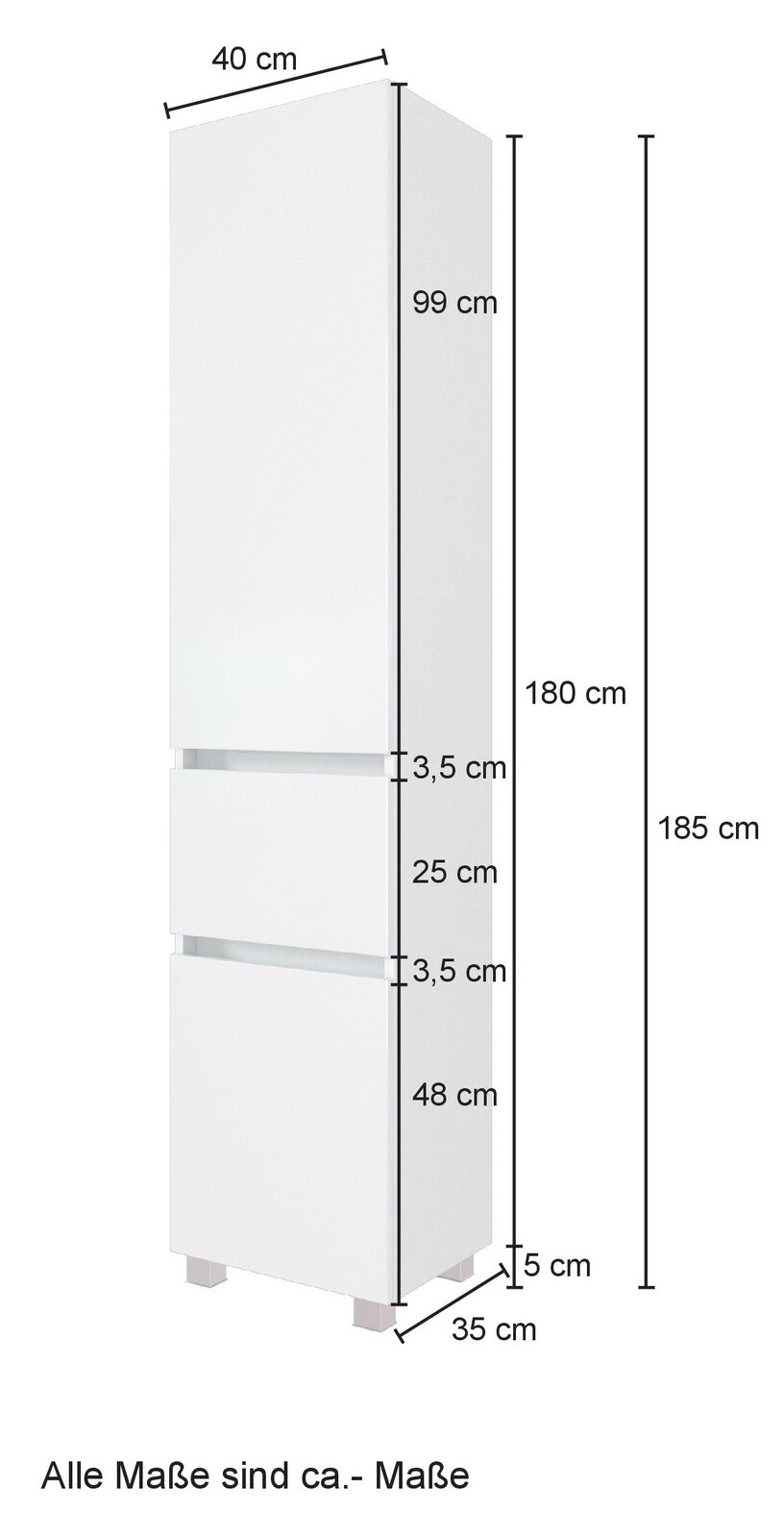 Hochschrank in Weiß mit den Maßen 185 cm Höhe, 40 cm Breite und 35 cm Tiefe, seitliche Perspektive