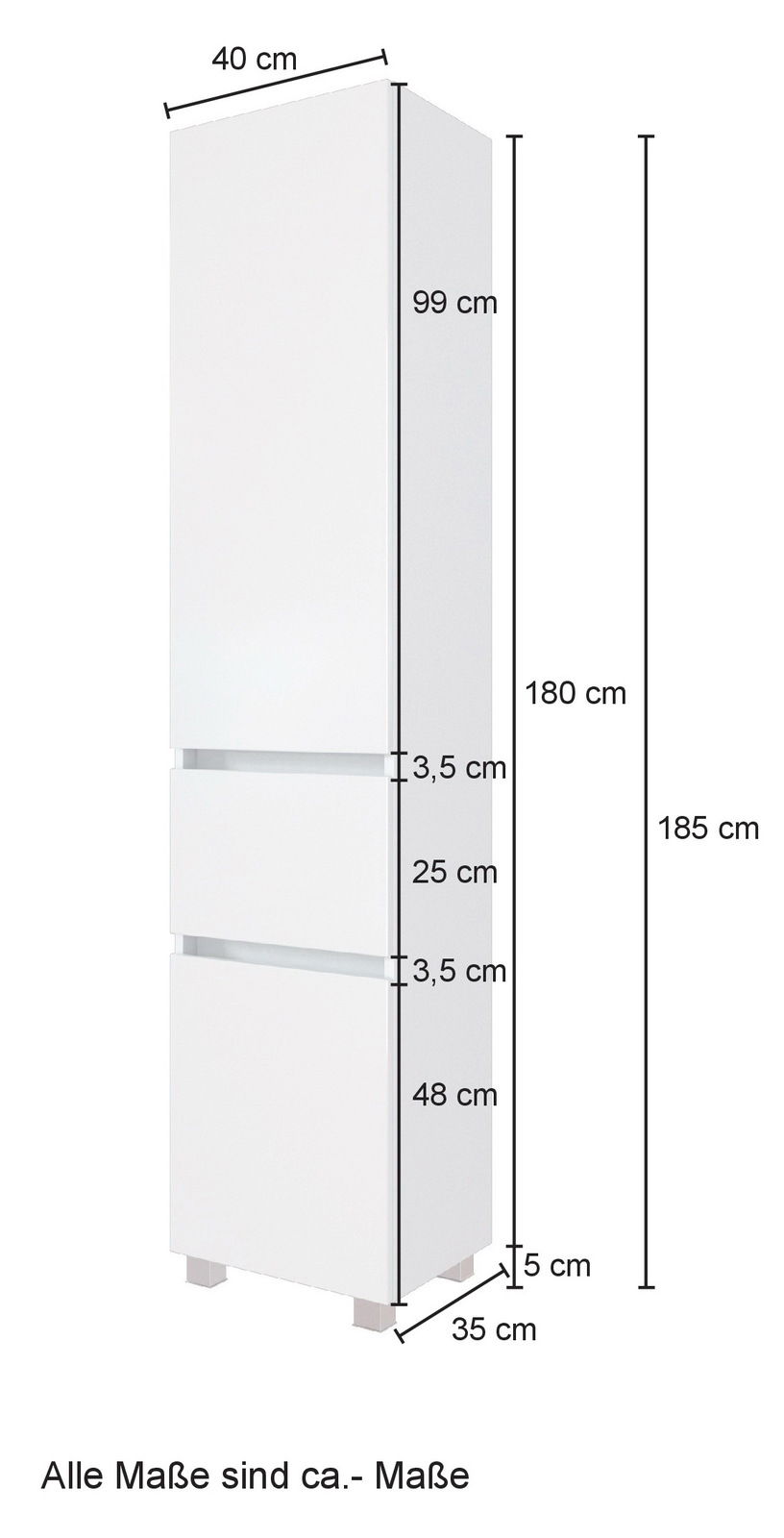 Hochschrank in Weiß mit den Maßen 185 cm Höhe, 40 cm Breite und 35 cm Tiefe, seitliche Perspektive