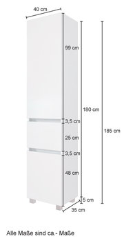 Hoge kast in wit met de afmetingen 185 cm hoog, 40 cm breed en 35 cm diep, zijaanzicht