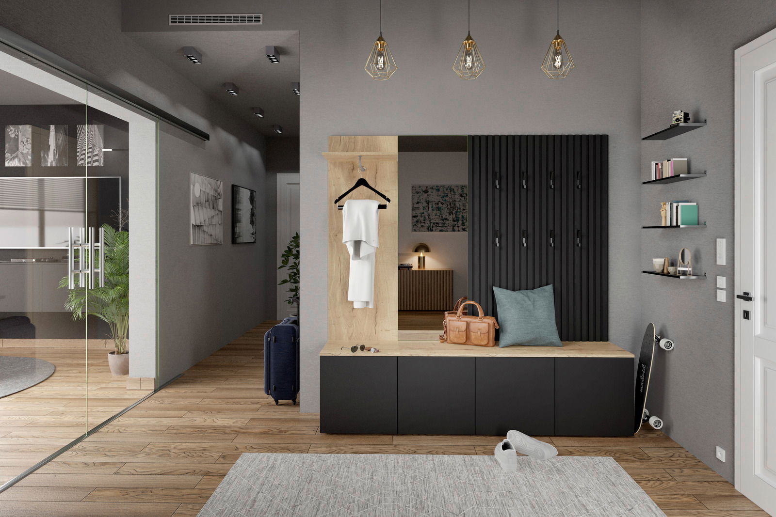 Moderner Eingangsbereich mit Dekopaneel-Set, bestehend aus Holz- und schwarzen Elementen, mit Haken und Sitzbank. Perspektive von vorne.