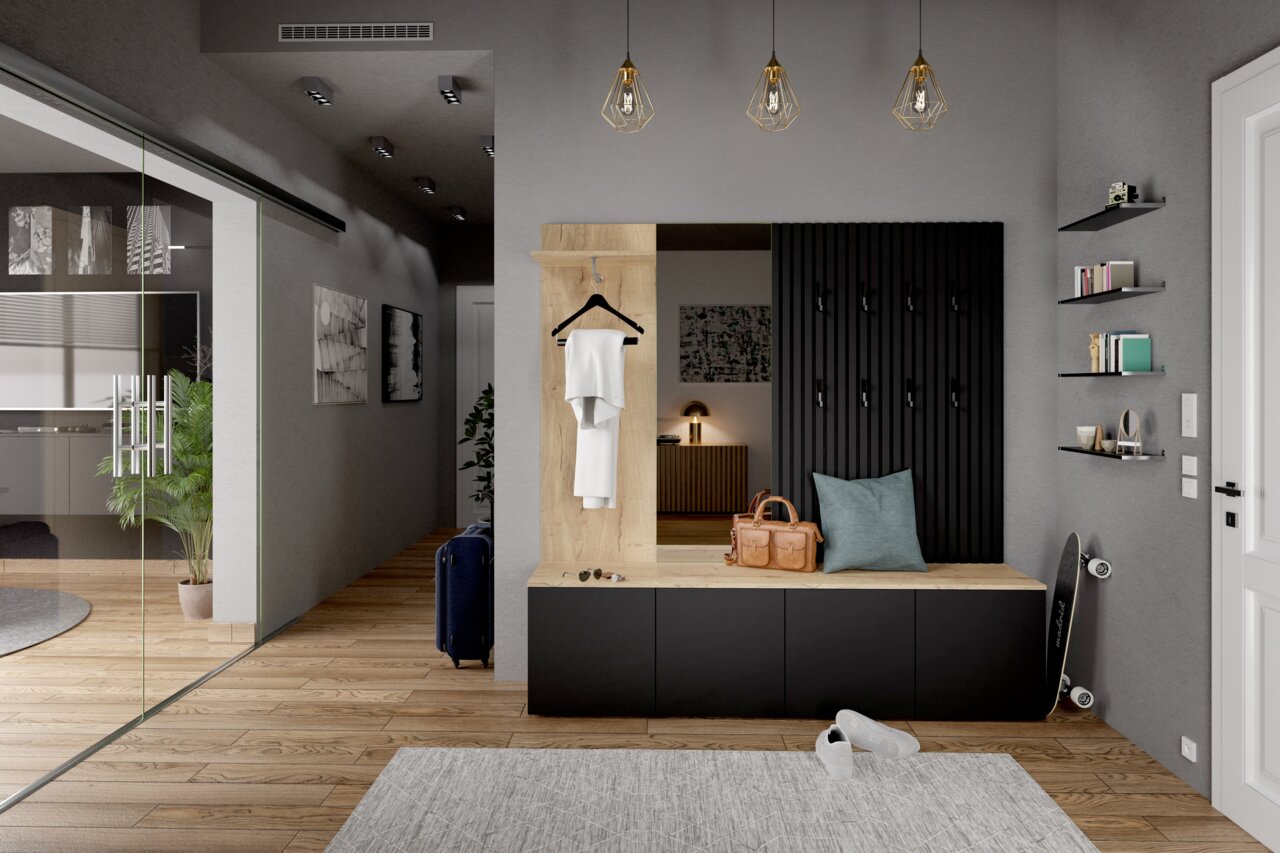 Moderner Eingangsbereich mit Dekopaneel-Set, bestehend aus Holz- und schwarzen Elementen, mit Haken und Sitzbank. Perspektive von vorne.