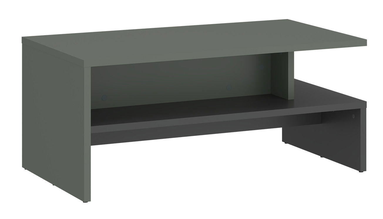 Moderner Couchtisch in dunklem Grau mit zwei Ebenen, seitliche Perspektive