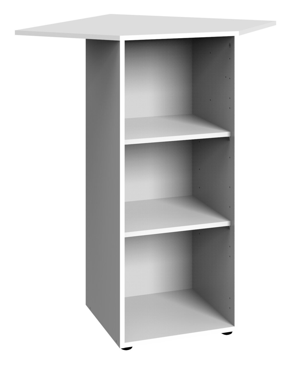 XORA Eckregal niedrig MULTIRAUMKONZEPT Weißes, niedriges Eckregal mit drei offenen Fächern, perspektivisch von vorne links betrachtet.