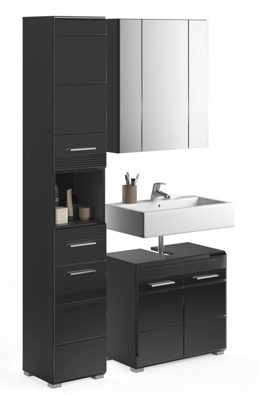 Moderne Badkombination in schwarzem Hochglanz mit Spiegelschrank, Waschbecken und Stauraum, frontal betrachtet.