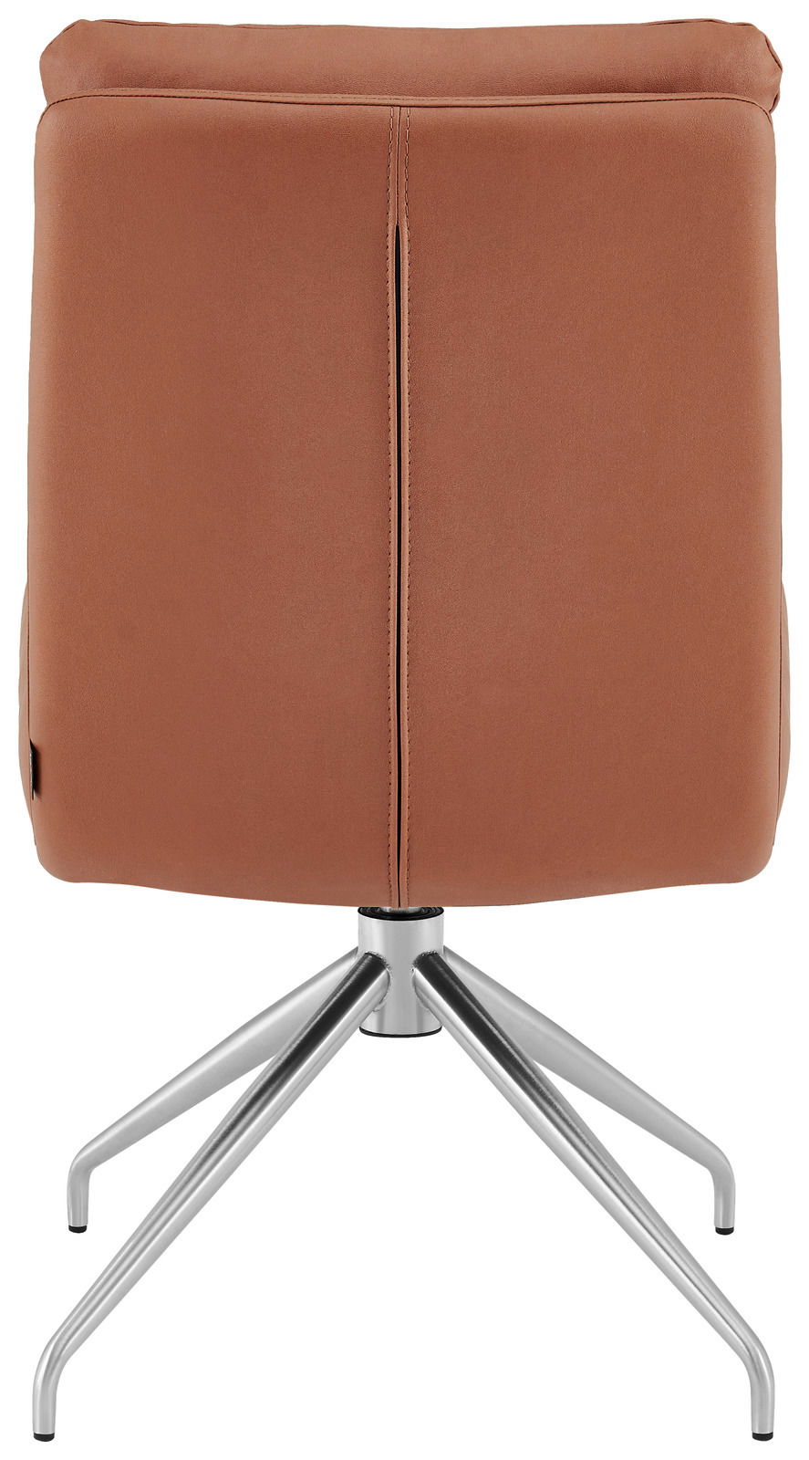 Rückansicht eines modernen Stuhls mit braunem Lederbezug und silbernem Metallgestell.