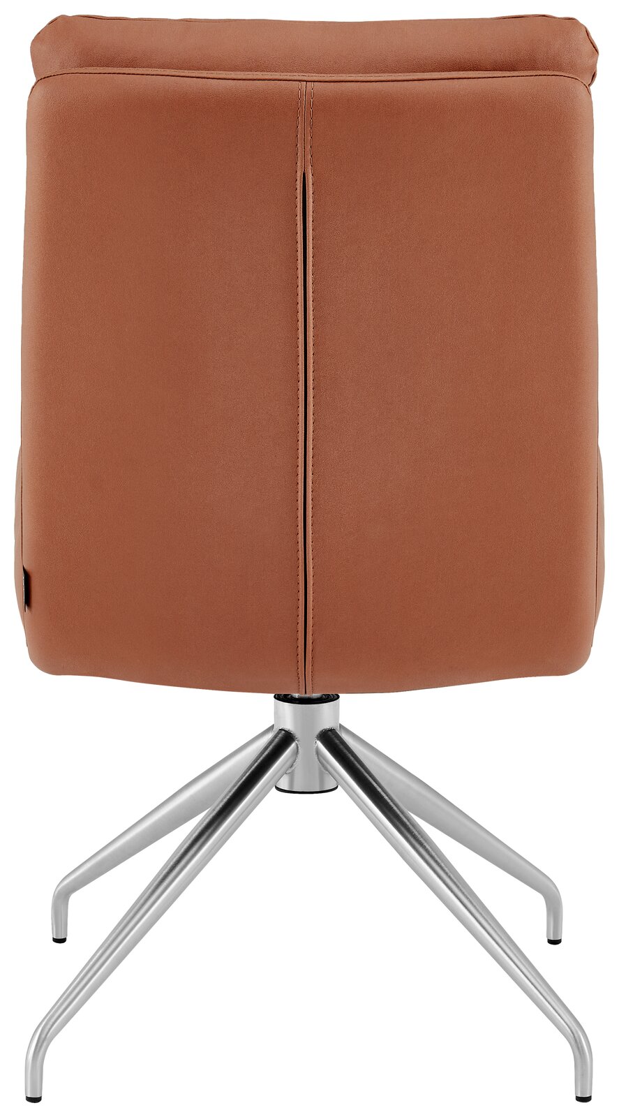 Rückansicht eines modernen Stuhls mit braunem Lederbezug und silbernem Metallgestell.