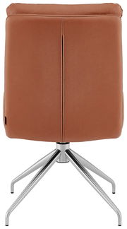 Rückansicht eines modernen Stuhls mit braunem Lederbezug und silbernem Metallgestell.