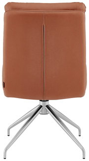 Rückansicht eines modernen Stuhls mit braunem Lederbezug und silbernem Metallgestell.
