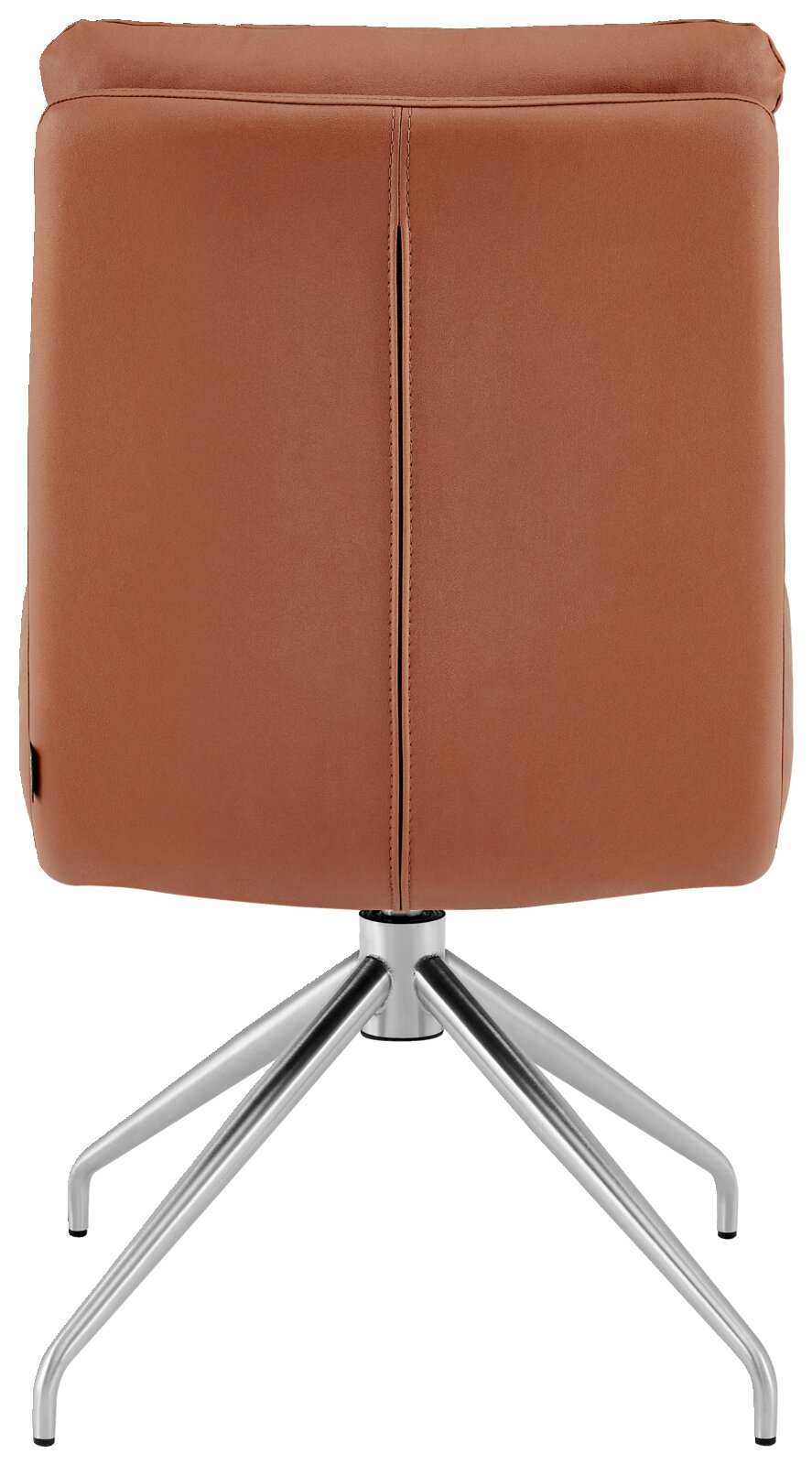 Rückansicht eines modernen Stuhls mit braunem Lederbezug und silbernem Metallgestell.