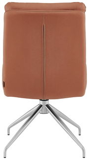 Rückansicht eines modernen Stuhls mit braunem Lederbezug und silbernem Metallgestell.