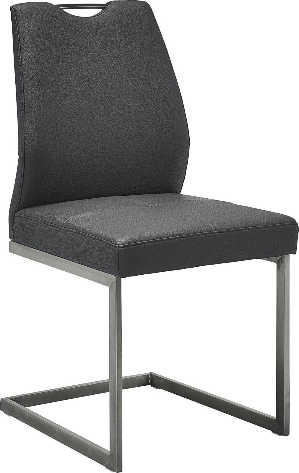 Moderner Freischwinger-Stuhl in dunklem Leder mit Metallgestell, seitliche Perspektive