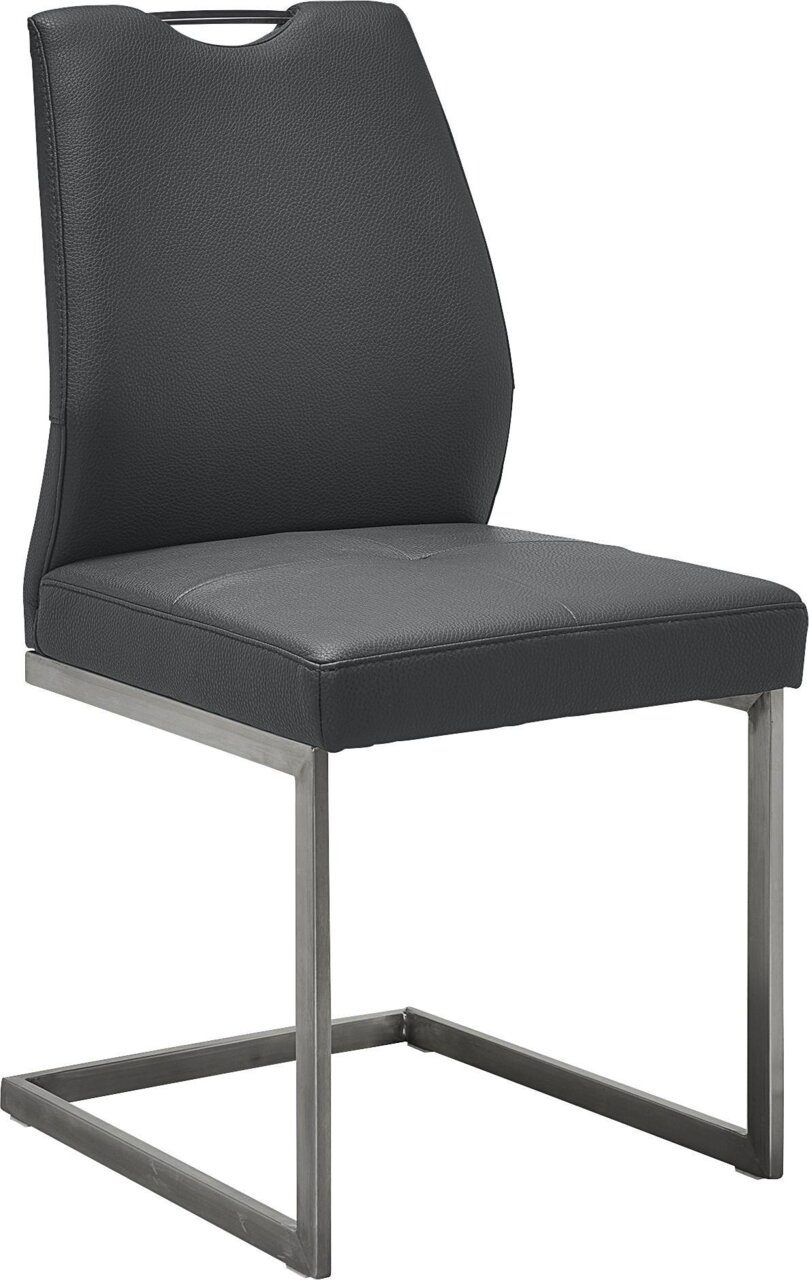Moderner Freischwinger-Stuhl in dunklem Leder mit Metallgestell, seitliche Perspektive