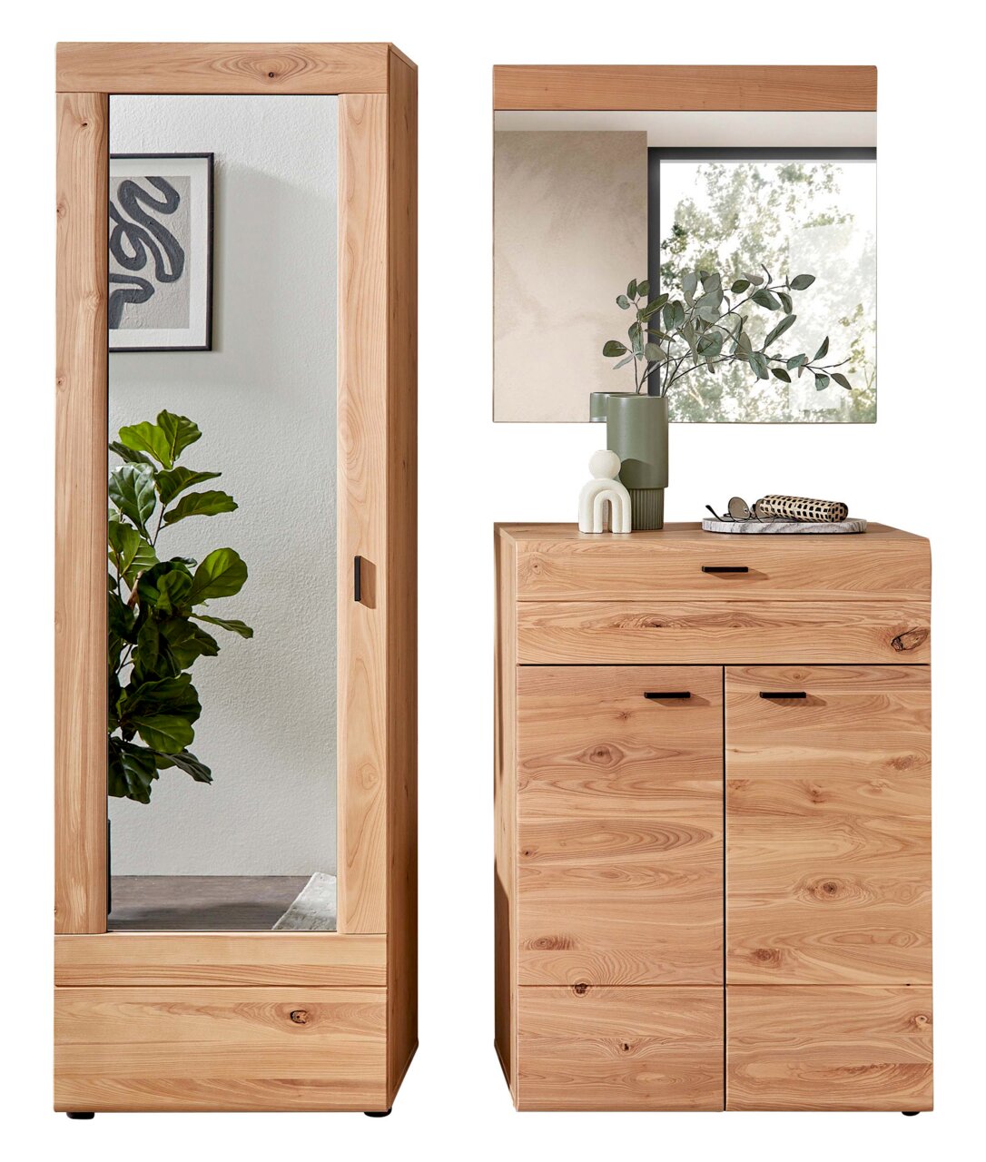 Garderobenkombination Set 82 aus Holz, bestehend aus einem hohen Schrank mit Spiegel und einer Kommode mit Spiegel, frontal abgebildet.