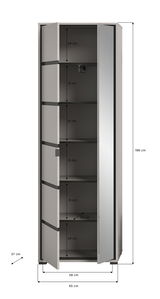 Garderobenschrank mit fünf Fächern, Frontansicht, Maße: 196 cm hoch, 65 cm breit, 37 cm tief.