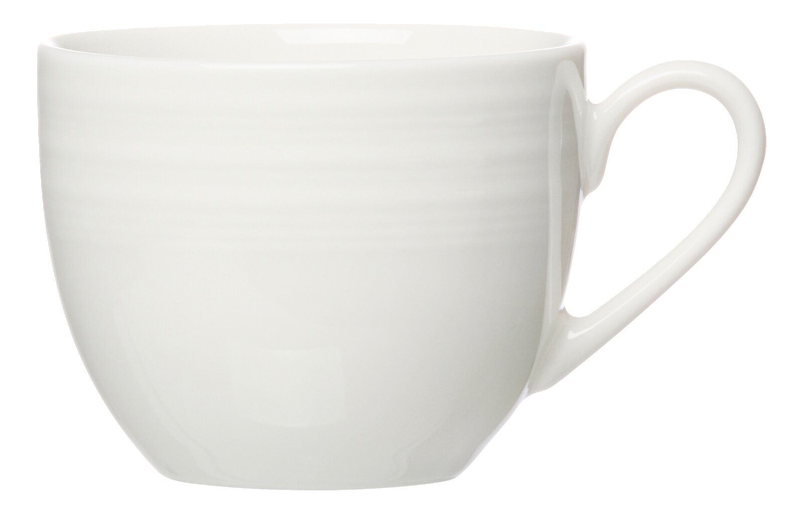 Schlichte weiße Tasse mit glänzender Oberfläche und geschwungenem Henkel, in frontaler Seitenansicht leicht von oben dargestellt
