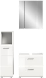 Moderne Badkombination bestehend aus einem Spiegelschrank, einem Hochschrank und einem Unterschrank, frontal abgebildet.