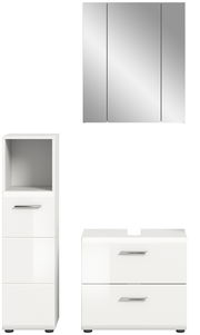 Moderne Badkombination bestehend aus einem Spiegelschrank, einem Hochschrank und einem Unterschrank, frontal abgebildet.